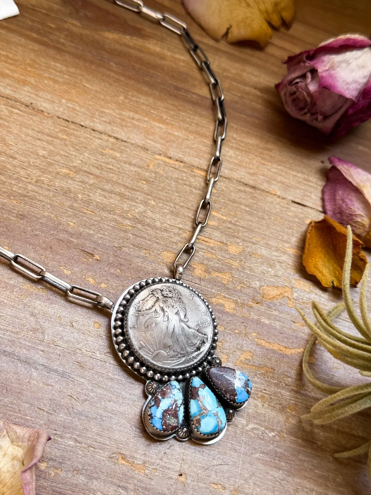 Sterling Silver Liberty Coin Necklace With Golden Hill Turquoise – 16” – 1945 Coin 1