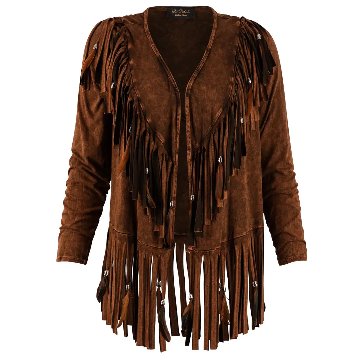 Short V Back Fringed And Feathered Jacket By Pat Dahnke -Brown 1