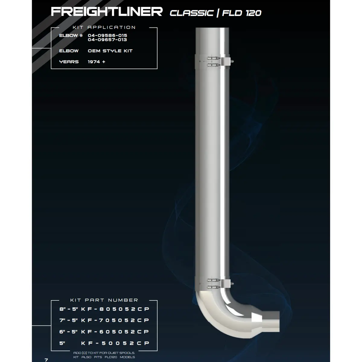#Kf-50052Cp 5'' Freightliner Classic Fld120 Exhaust Kit W/ Oem Elbow (04-09586-015 & 04-09657-013); 52'' Spools & Clamp (1974+) 1
