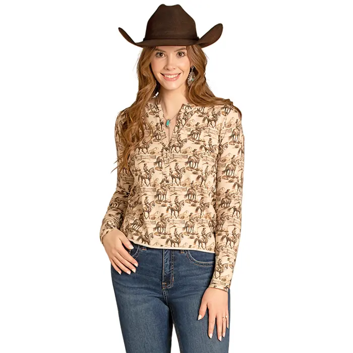 Conversational Horse Print Henley Top At Bourbon Cowgirl 1
