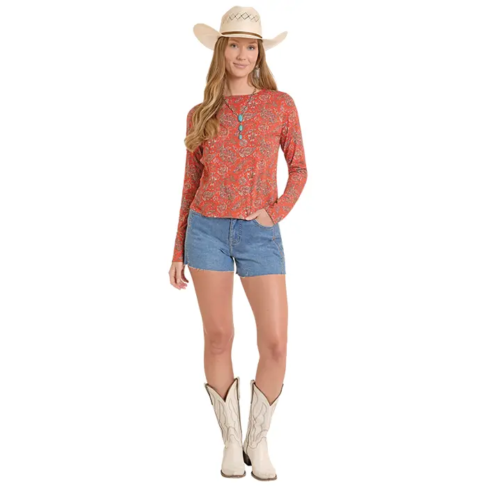 Paisley Print Long Sleeve Top Rust By Rock & Roll Denim 1