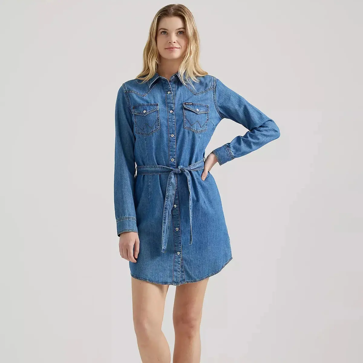 Women's Long Sleeve Western Snap Denim Dress 1