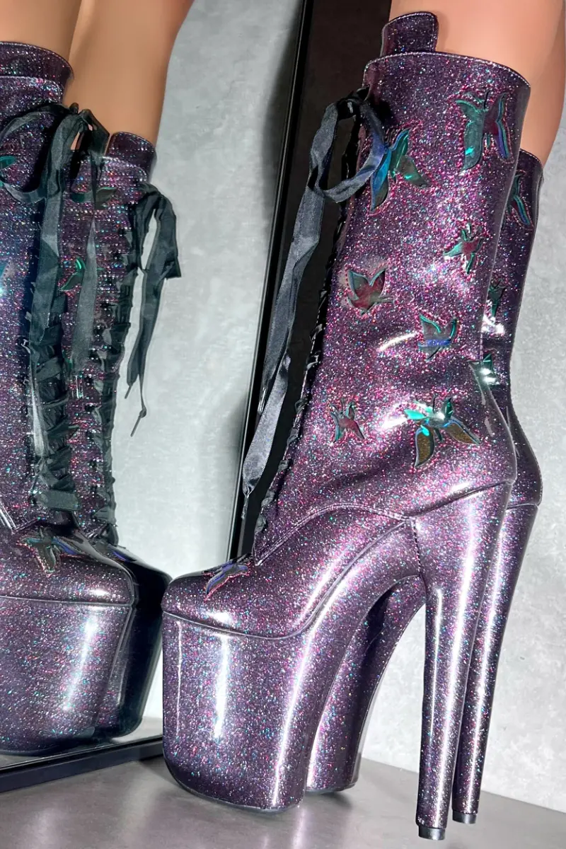 Hella Heels The Glitterati Butterfly 8Inch Boots - Mystical Purple 1