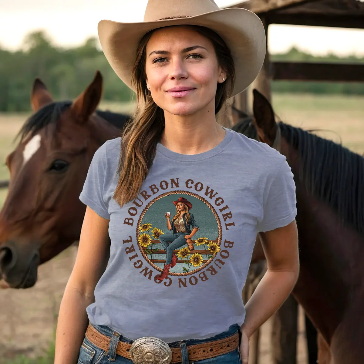Bourbon Cowgirl Logo Heather Blue Tee Shirt - Bourbon Cowgirl 1