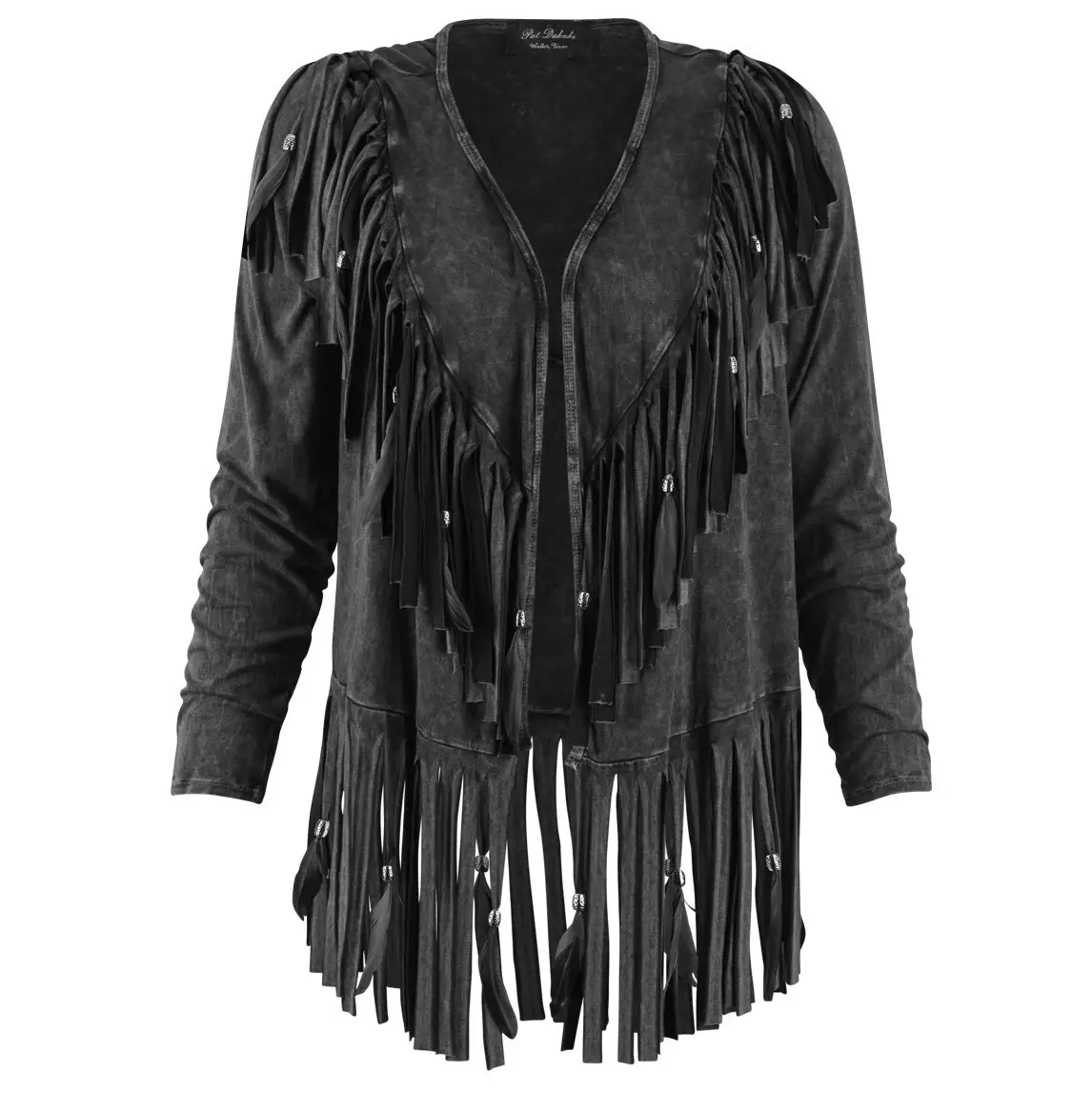 Short V Back Fringed And Feathered Jacket By Pat Dahnke -Black 1