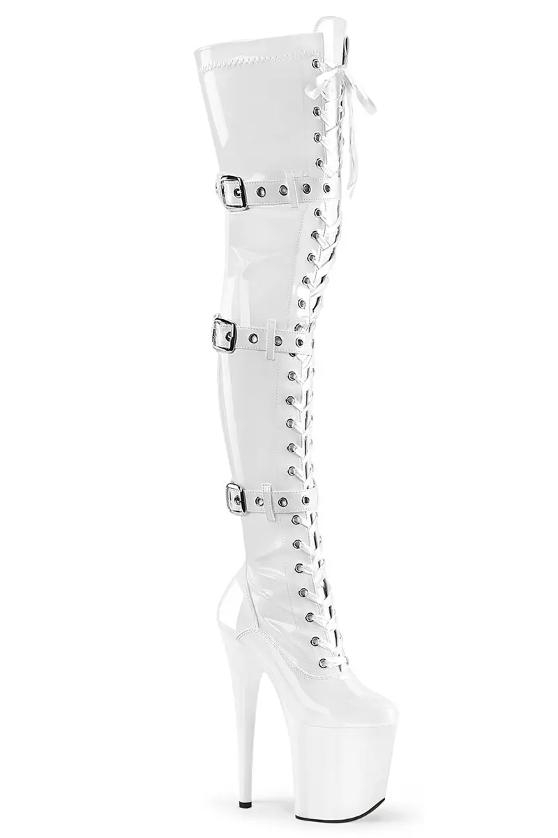 Pleaser Usa Flamingo-3028 8Inch Thigh High Boots - Patent White 1