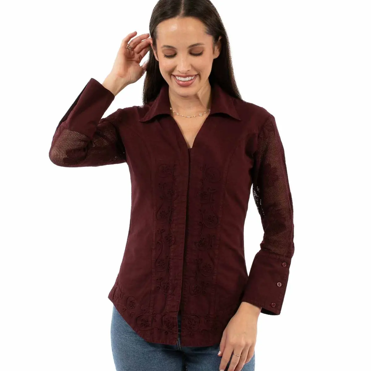 Embroidered Blouse With Mesh Sleeves By Scully Bourbon Cowgirl 1