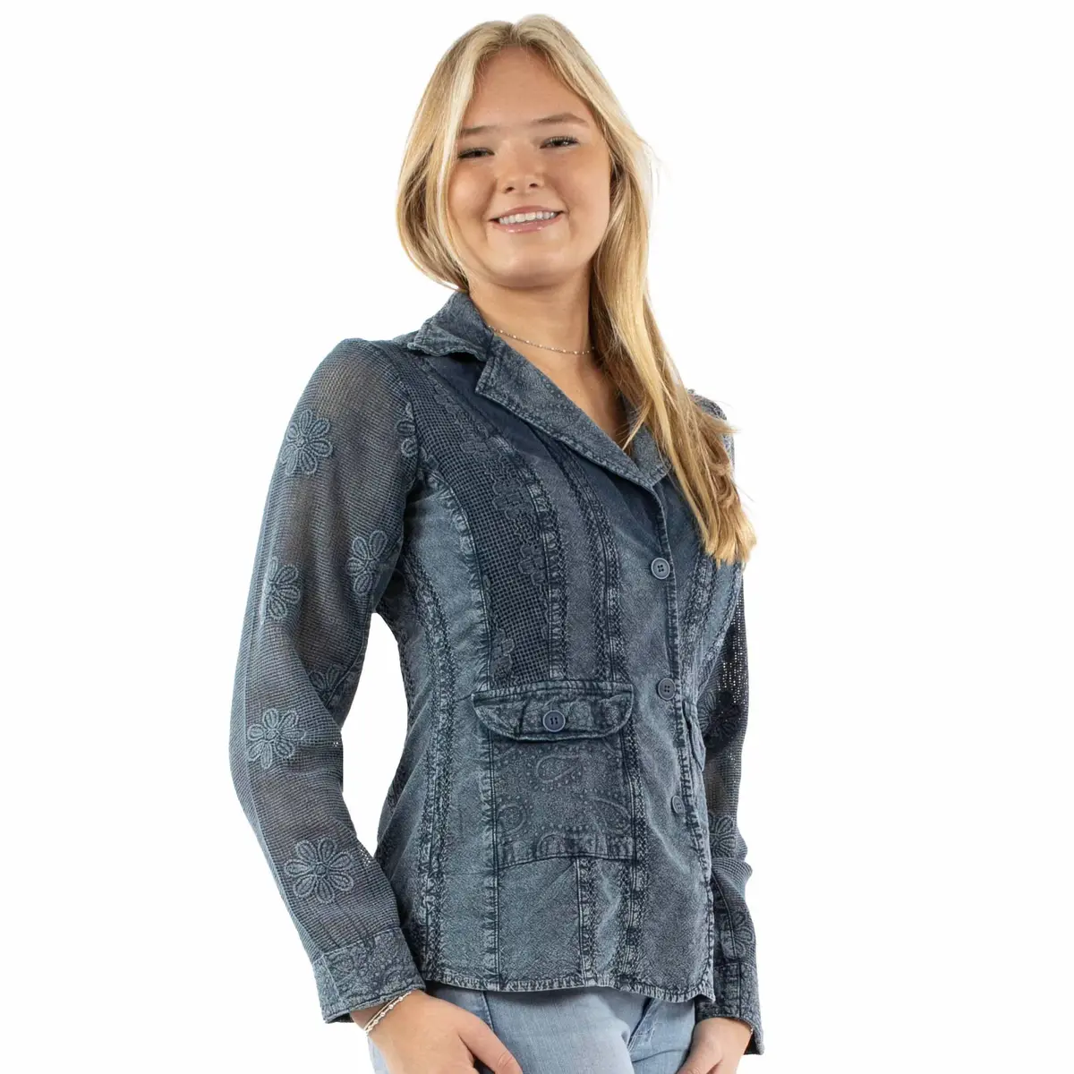 Denim Blue Embroidered Cotton Blazer By Scully Bourbon Cowgirl 1