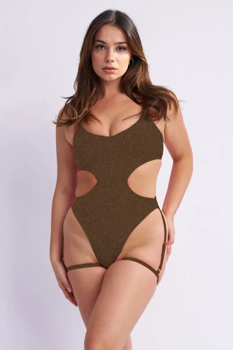Lunalae Pixie Basic Garter Bodysuit - Gold/Black Lurex 1
