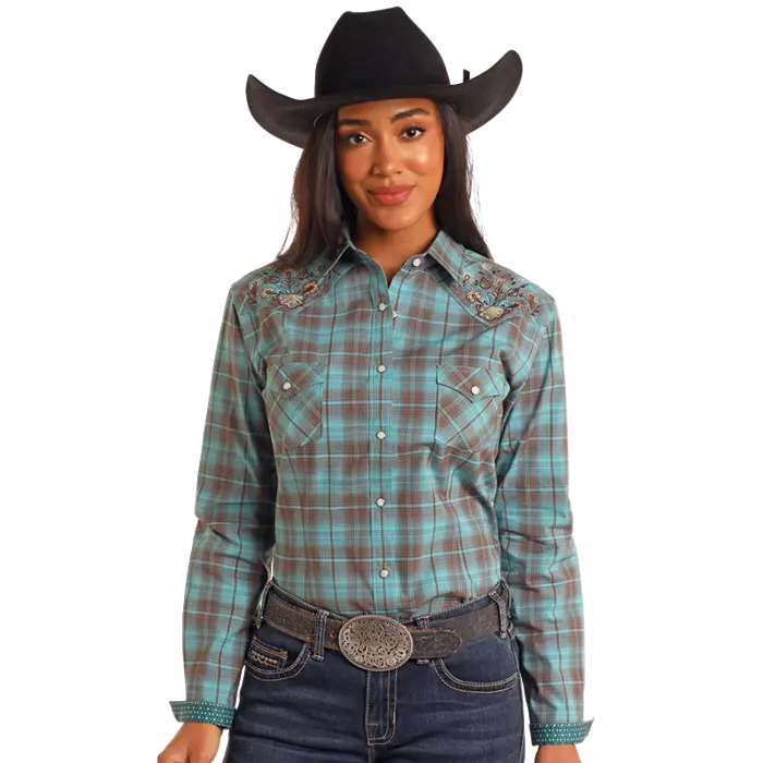 Ladies Long Sleeve Embroidered Turquoise Snap Front Shirt By Panhandle 1