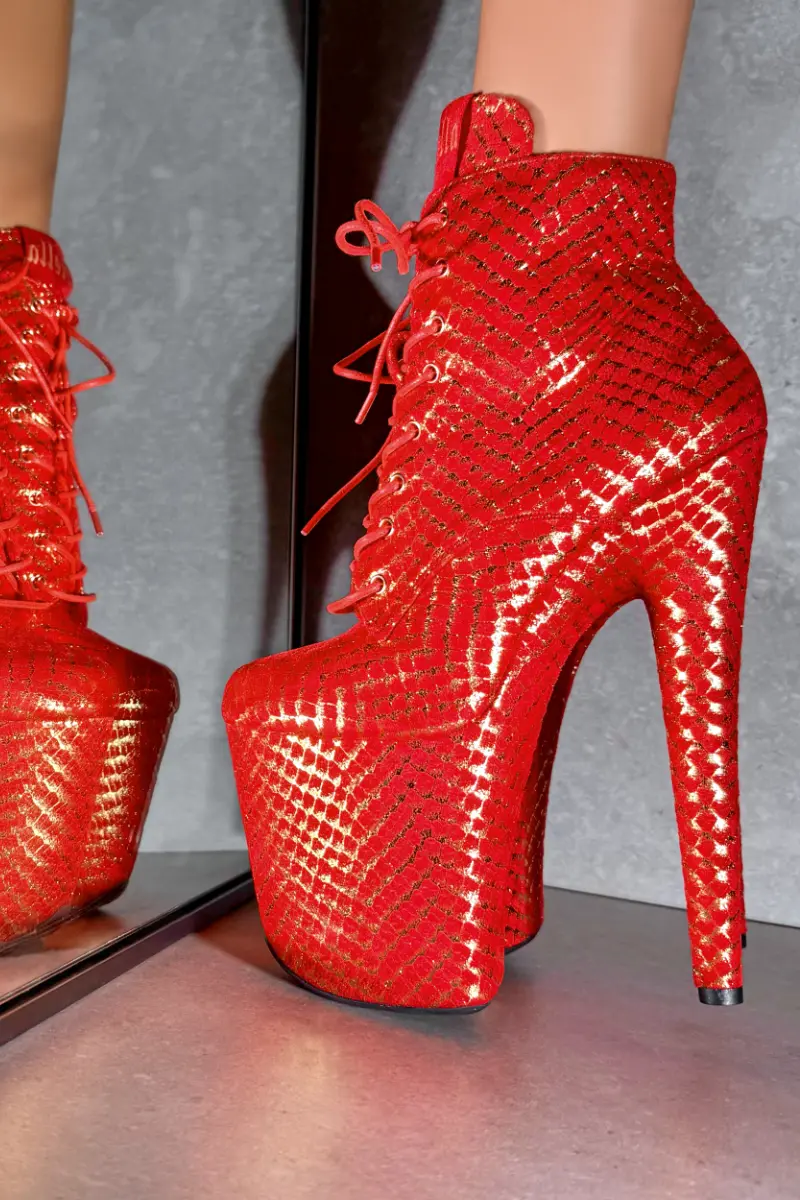 Hella Heels Khaleesi 8Inch Low Ankle Boots - Red & Gold 1