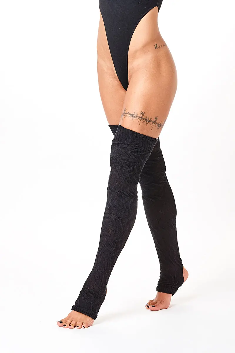 Rolling Cable Knit Thigh High Leg Warmers With Stirrups - Noir 1