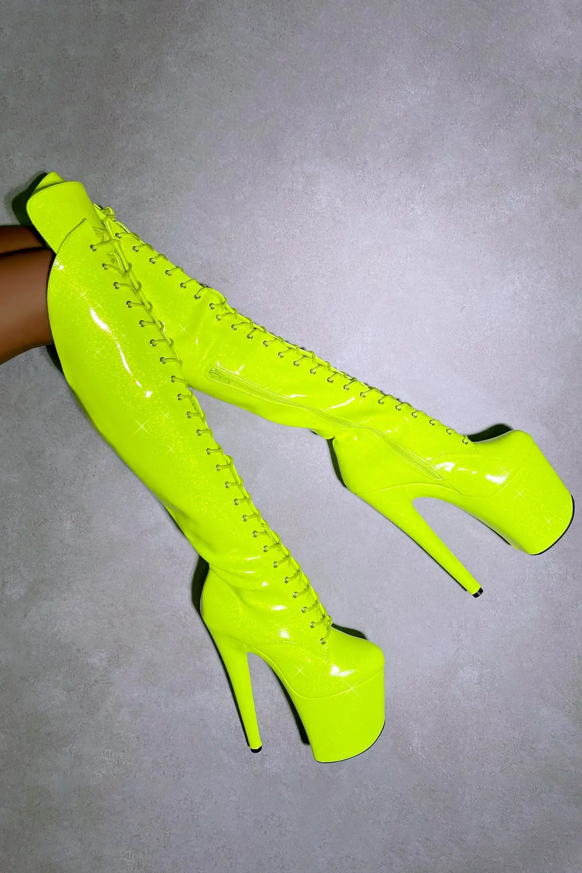 Hella Heels The Glitterati Over The Knee 8Inch Boots - Citrus Yellow Burst 3