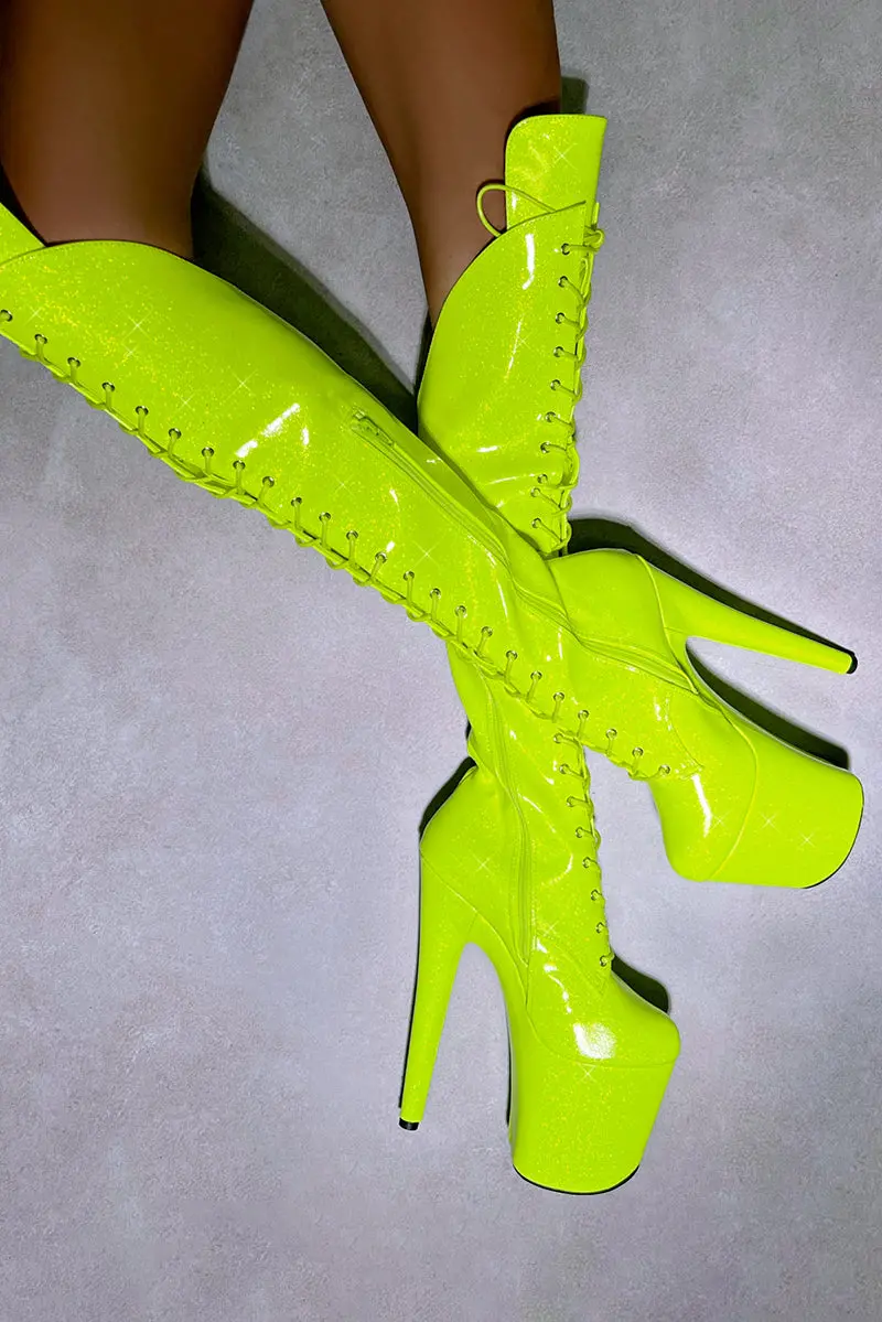 Hella Heels The Glitterati Over The Knee 8Inch Boots - Citrus Yellow Burst 1