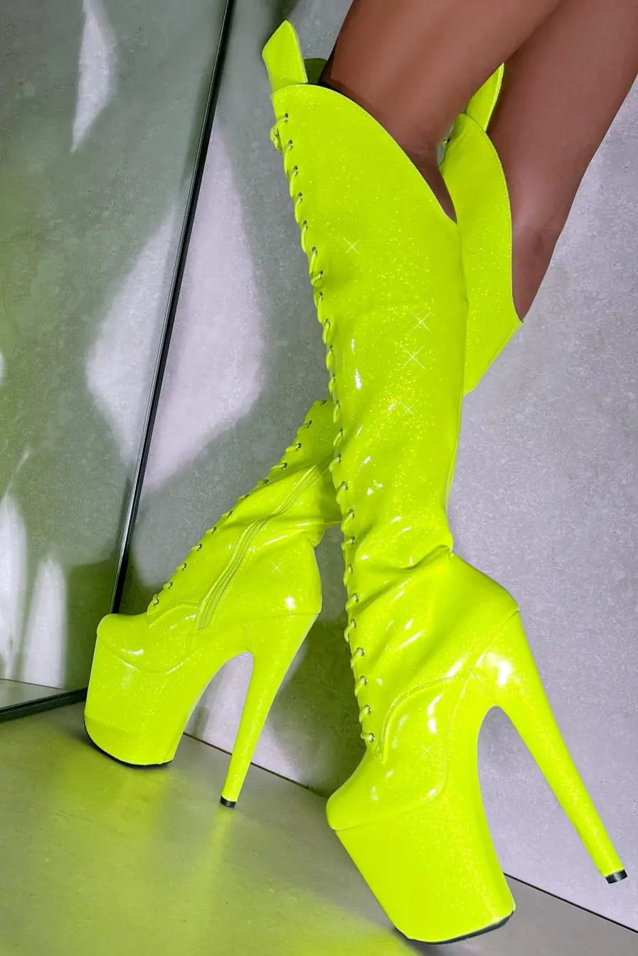 Hella Heels The Glitterati Over The Knee 8Inch Boots - Citrus Yellow Burst 2