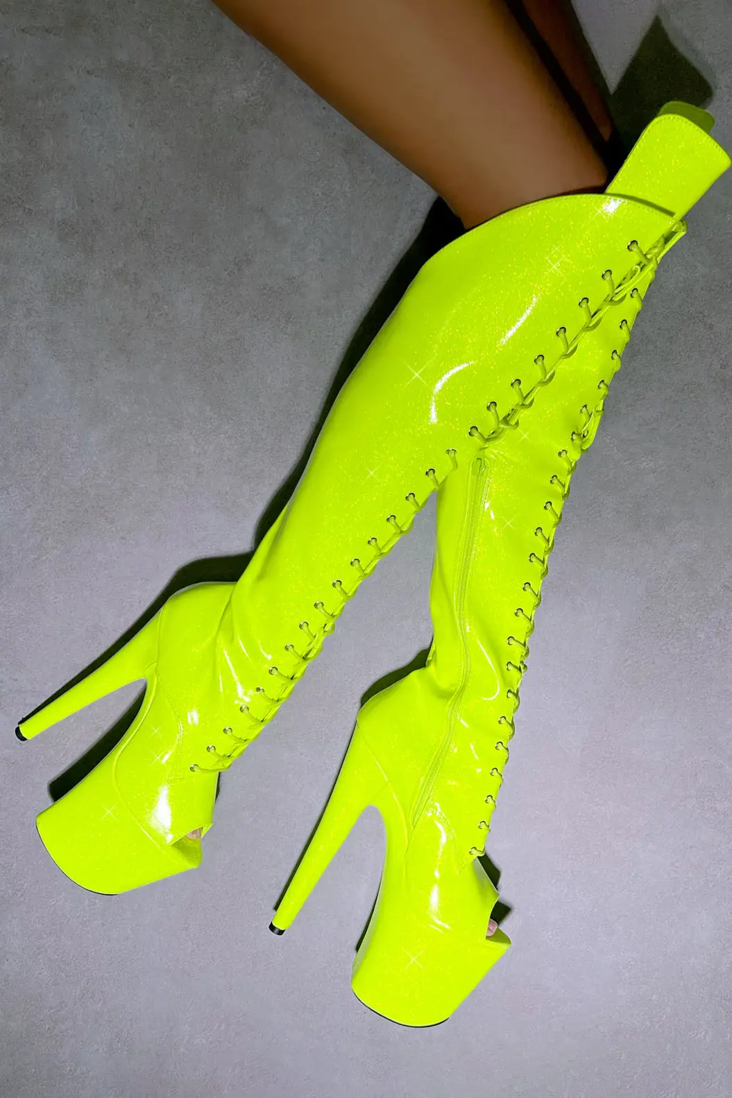 Hella Heels The Glitterati Open Toe Over The Knee 8Inch Boots - Citrus Yellow Burst 1