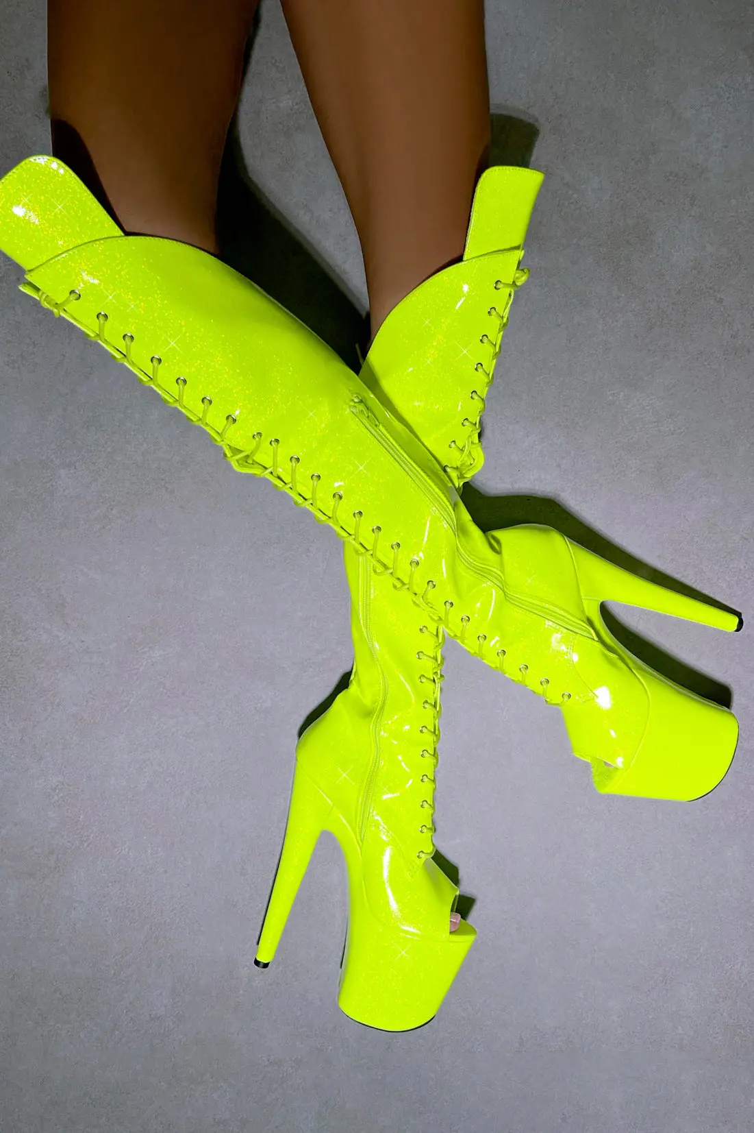 Hella Heels The Glitterati Open Toe Over The Knee 8Inch Boots - Citrus Yellow Burst 2