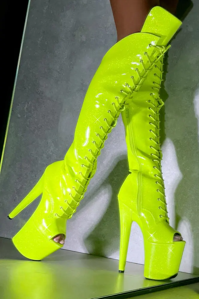 Hella Heels The Glitterati Open Toe Over The Knee 8Inch Boots - Citrus Yellow Burst 3