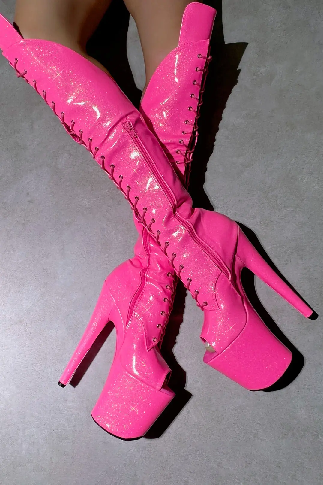 Hella Heels The Glitterati Open Toe Over The Knee 8Inch Boots - Juicy Pink Burst 1