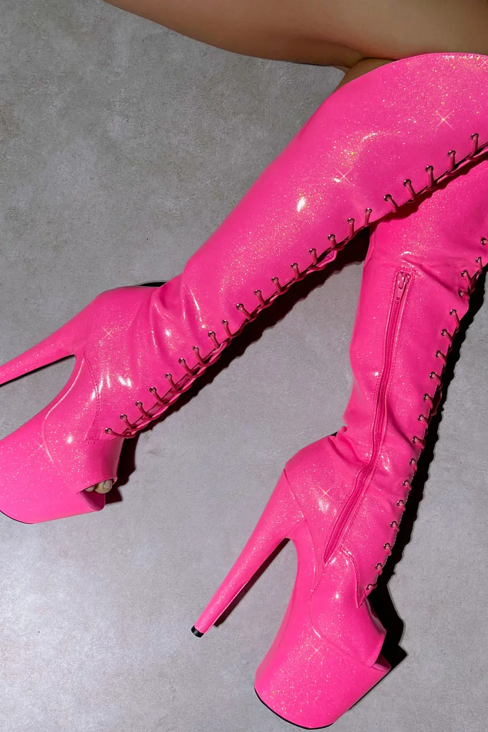 Hella Heels The Glitterati Open Toe Over The Knee 8Inch Boots - Juicy Pink Burst 3