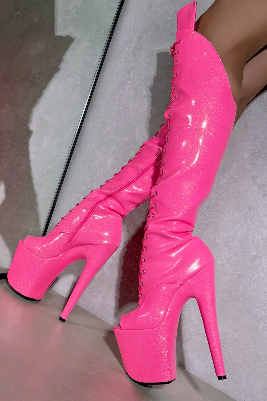 Hella Heels The Glitterati Open Toe Over The Knee 8Inch Boots - Juicy Pink Burst 2