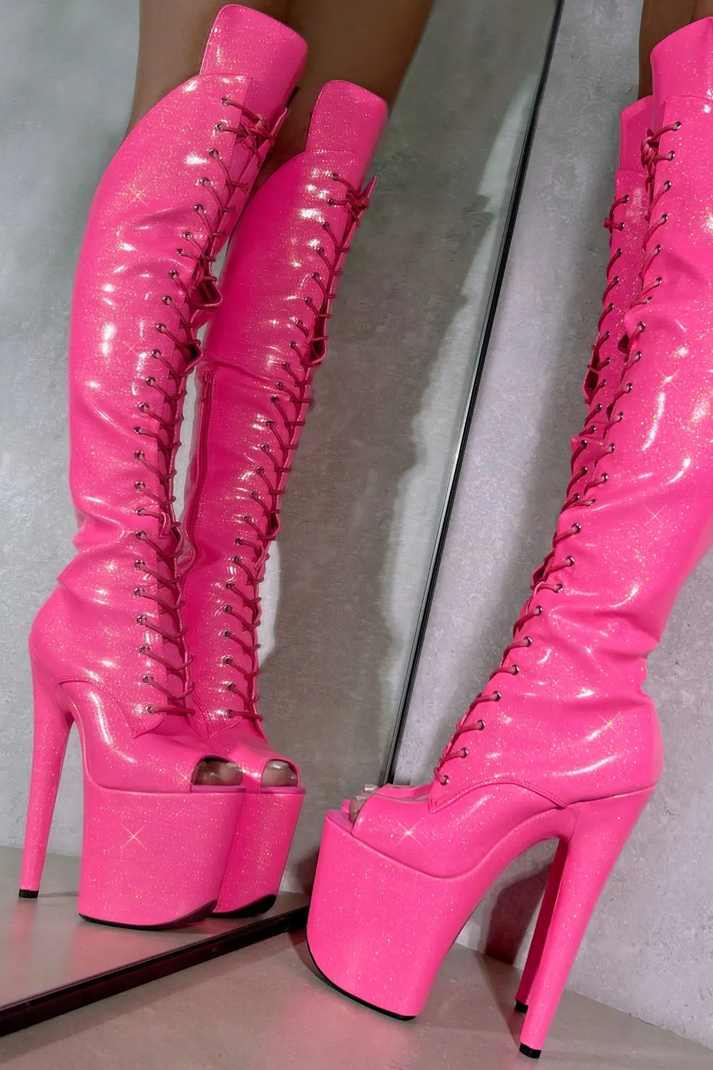 Hella Heels The Glitterati Open Toe Over The Knee 8Inch Boots - Juicy Pink Burst 4