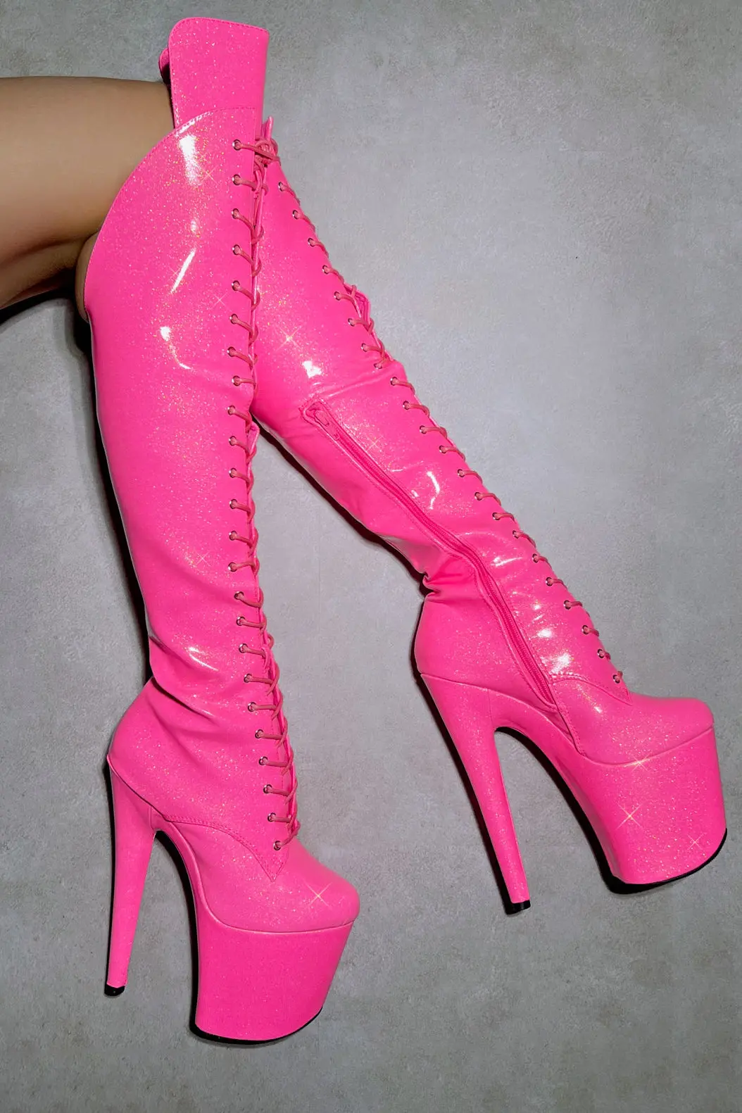 Hella Heels The Glitterati Over The Knee 8Inch Boots - Juicy Pink Burst 1