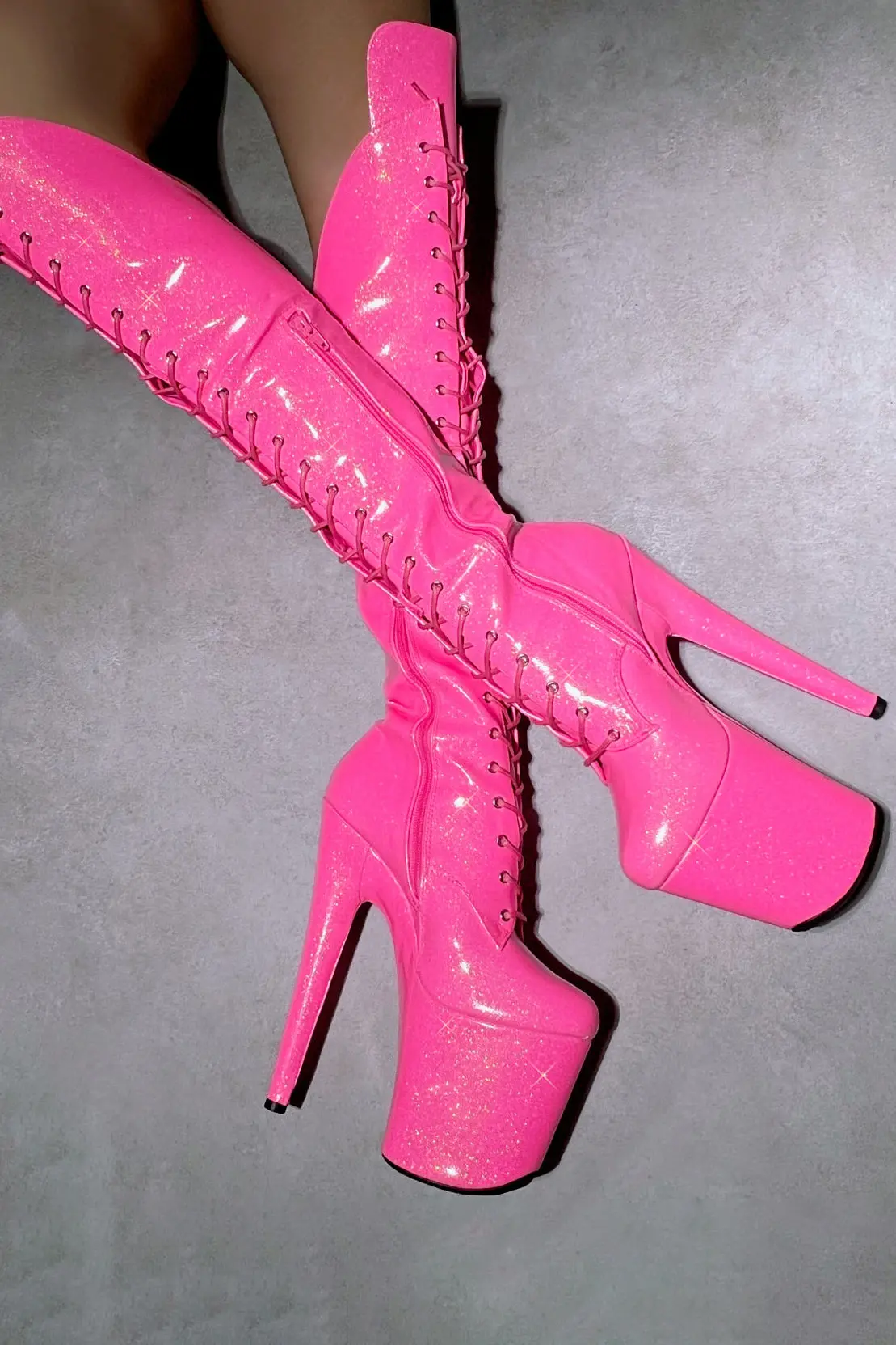 Hella Heels The Glitterati Over The Knee 8Inch Boots - Juicy Pink Burst 2