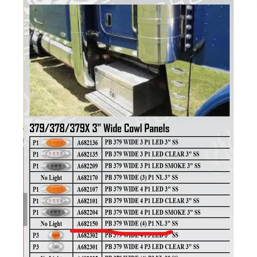 #A682150 Cowl Pr Pb 379 Wide (4) (P1 Style Holes And Wire Harness) No Lights 3" Ss 1