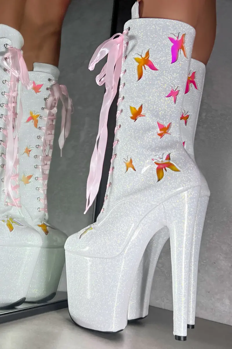Hella Heels The Glitterati Butterfly 8Inch Boots - Snow Kween 1
