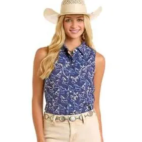 Sleeveless Horse Print Snap Front Blouse By Panhandle At Bourbon Cowgirl 1