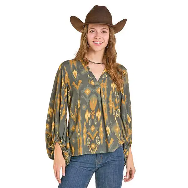 Olive Balloon Sleeve Top By Panhandle At Bourbon Cowgirl 1
