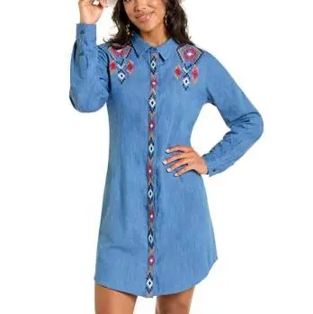 Long Sleeve Chambray Embroidered Dress By Rock And Roll Denim At Bourbon Cowgirl 1
