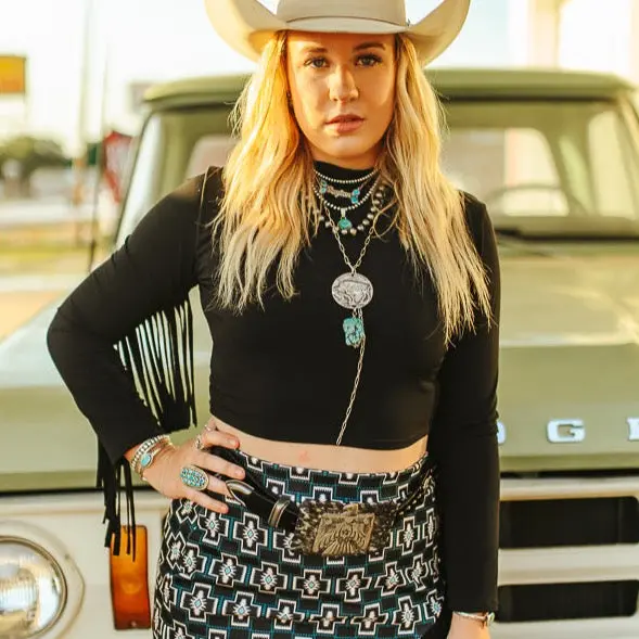 Black Satin Stretch Crop Long Sleeve Fringe Top At Bourbon Cowgirl 1