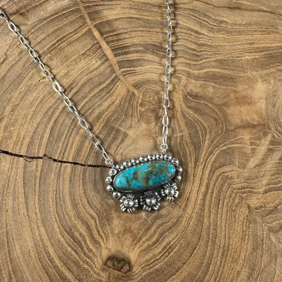 Oval Turquoise Necklace With Silver Triple Flower By Boho Sol 1