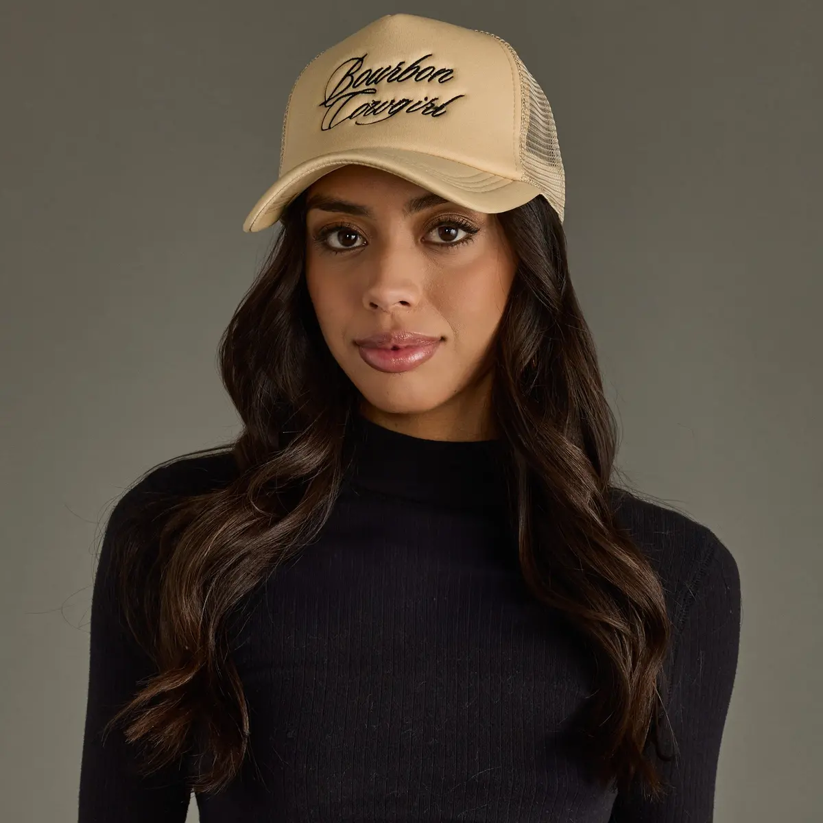 Bourbon Cowgirl Embroidered Foam Trucker Hat - Tan 1