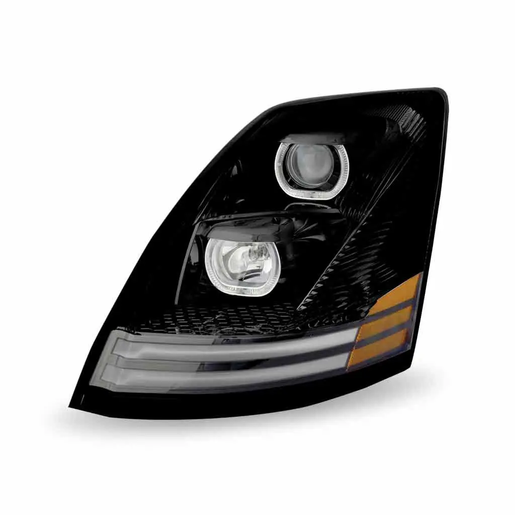 Tled-H54 Volvo Vn/Vnl Halogen Projector Headlight Assembly With Led Glow Position, Turn & Marker Accents – Black (Driver Side) 1