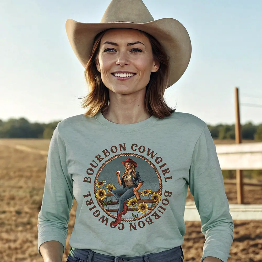 Bourbon Cowgirl Long Sleeve Dusty Blue T-Shirt Bourbon Cowgirl 1