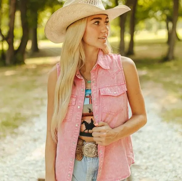 Pink Mineral Wash Denim Button Down Sleeveless Shirt - Bourbon Cowgirl 1