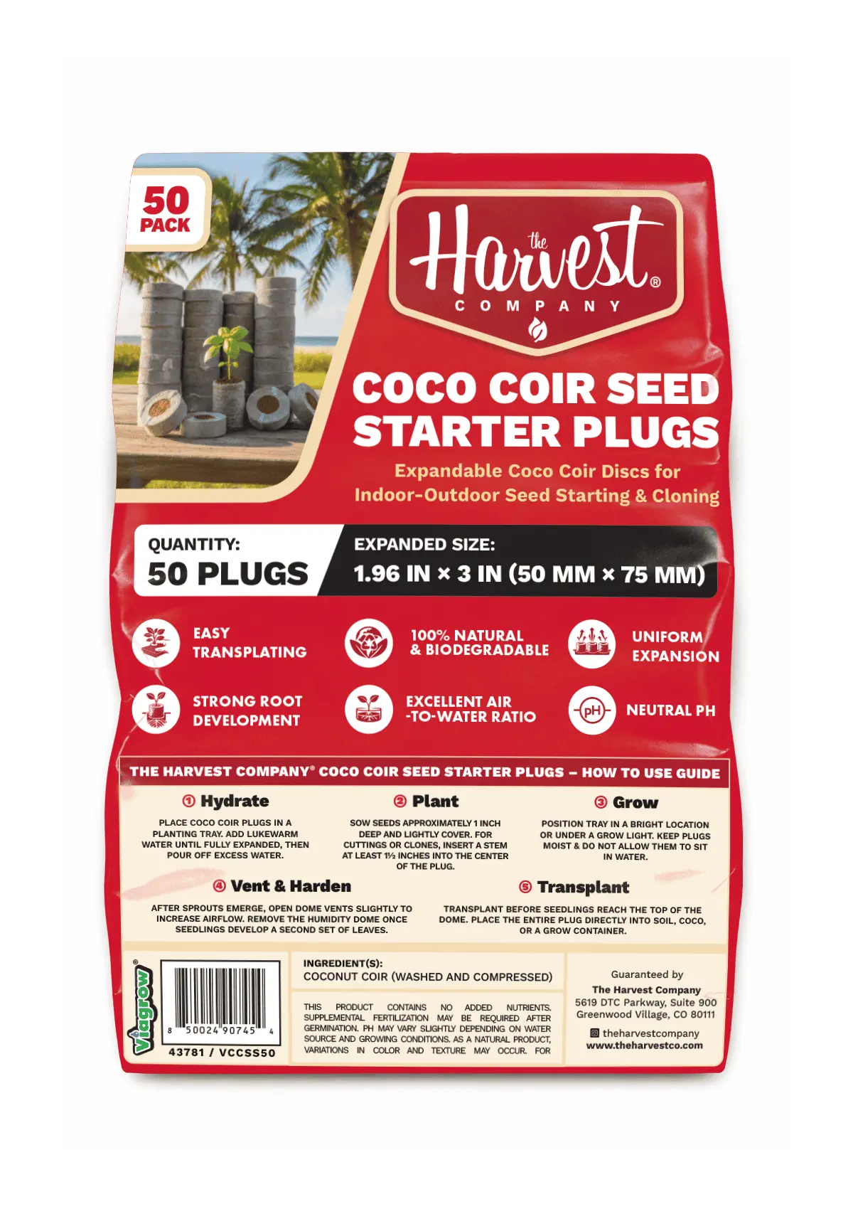 The Harvest Company Viagrow 50Pc Coco Coir Seed Starter Plugs 50Mm Brown Expandable Discs Indoor/Outdoor Growing Medium With Biodegradable Design 14-Case (Vccss50-14) 1
