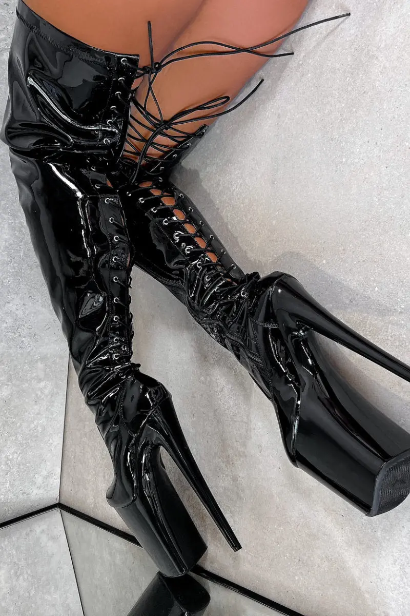 Hella Heels Lipkit Thicc Thigh High Back Lace 9Inch Boots - Black Beatle 1