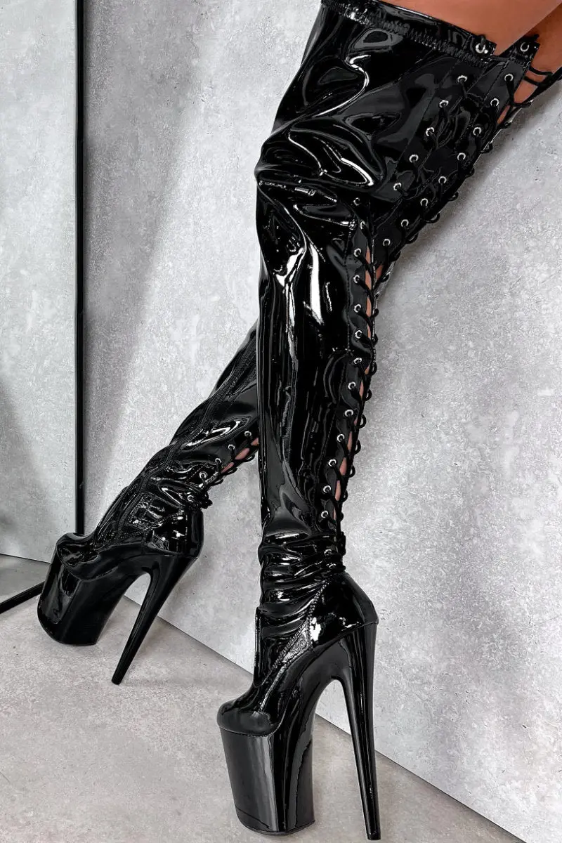 Hella Heels Lipkit Thigh High Back Lace 8Inch Boots - Black Beatle 1