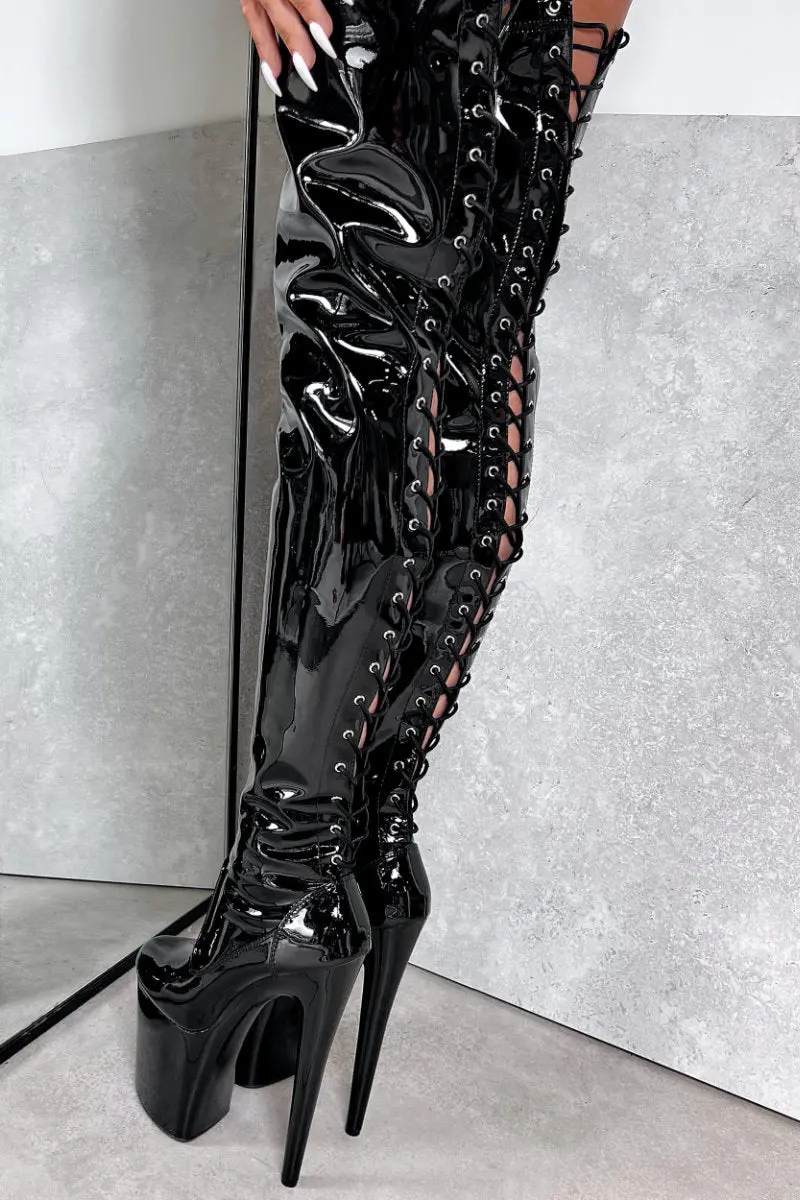 Hella Heels Lipkit Thigh High Back Lace 8Inch Boots - Black Beatle 3