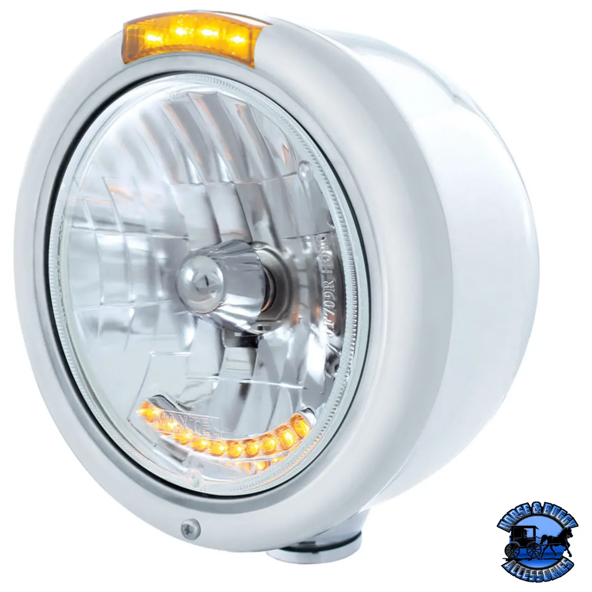 Stainless Steel Classic Half Moon Headlight H4 With Led Turn Signal - Amber Led/Lens #32059 1