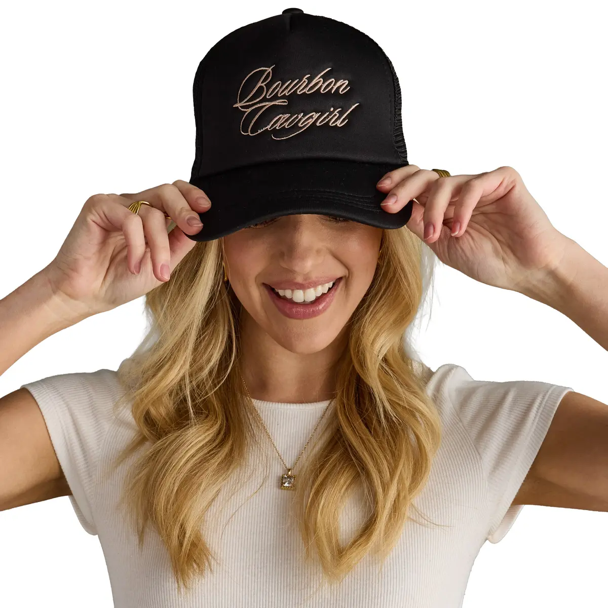 Bourbon Cowgirl Embroidered Foam Trucker Hat - Black 1