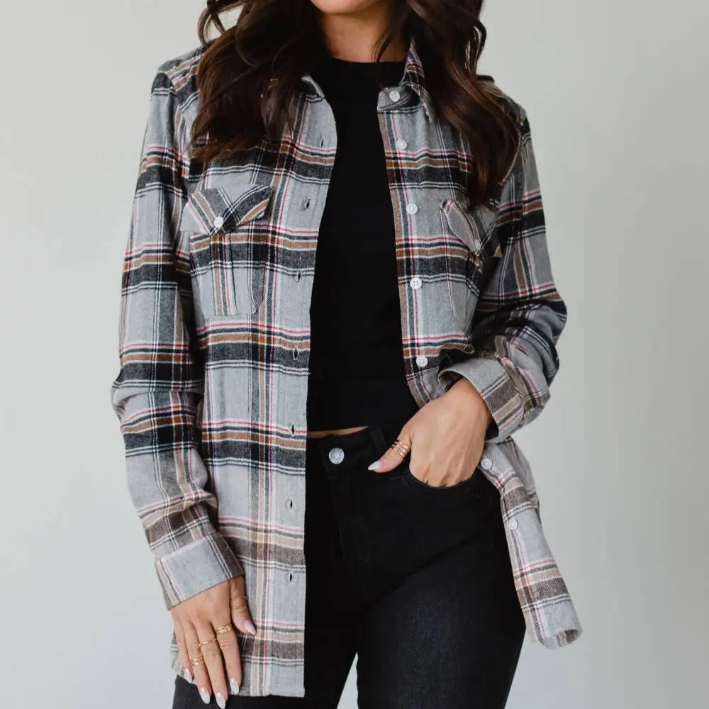 Gray, Red, Camel & Black Plaid Flannel Shirt For Western Women 1