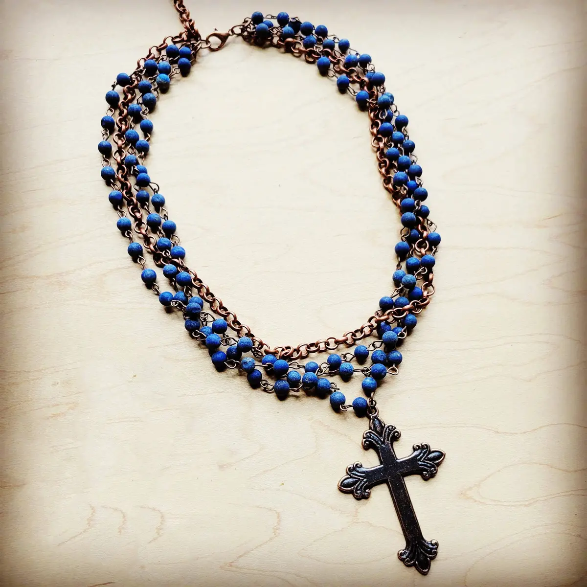 Blue Lapis Collar-Length Necklace With Copper Cross Boho Western Cowgirl Jewelry 1