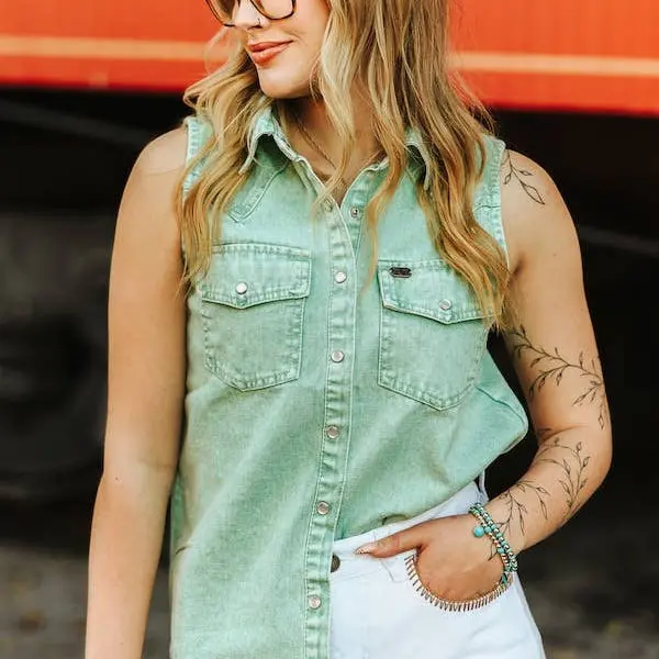 Jade Denim Mineral Wash Sleeveless Pearl Snap Top 1