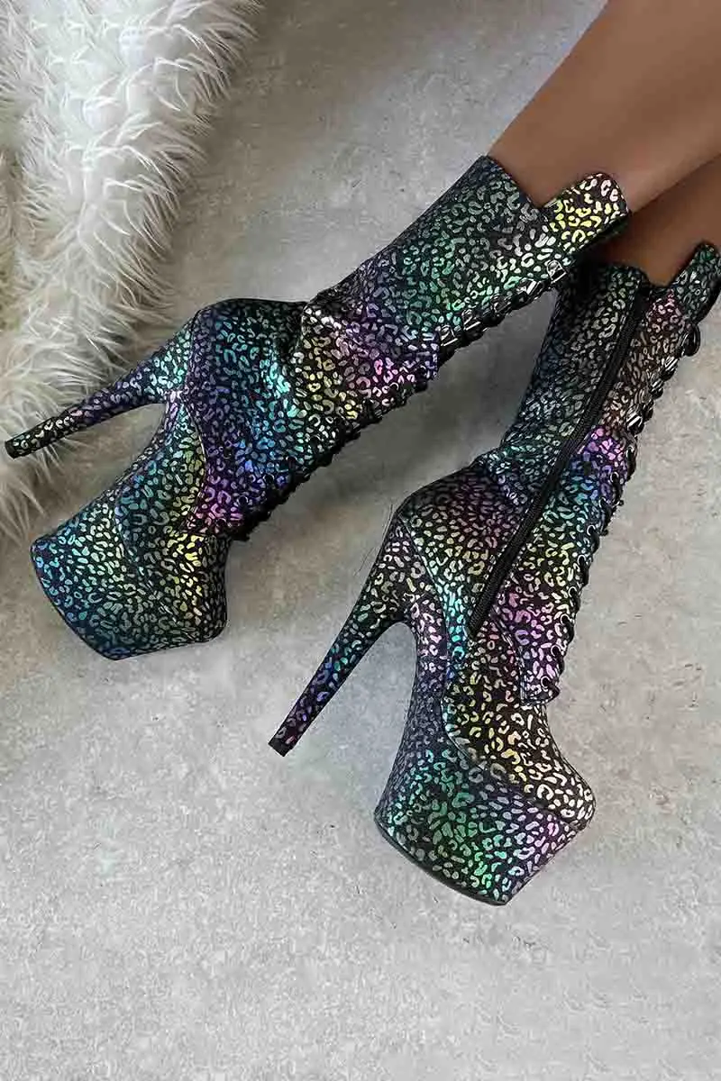 Hella Heels Moonlight Leopard 7Inch High Ankle Boots - Iridescent 1