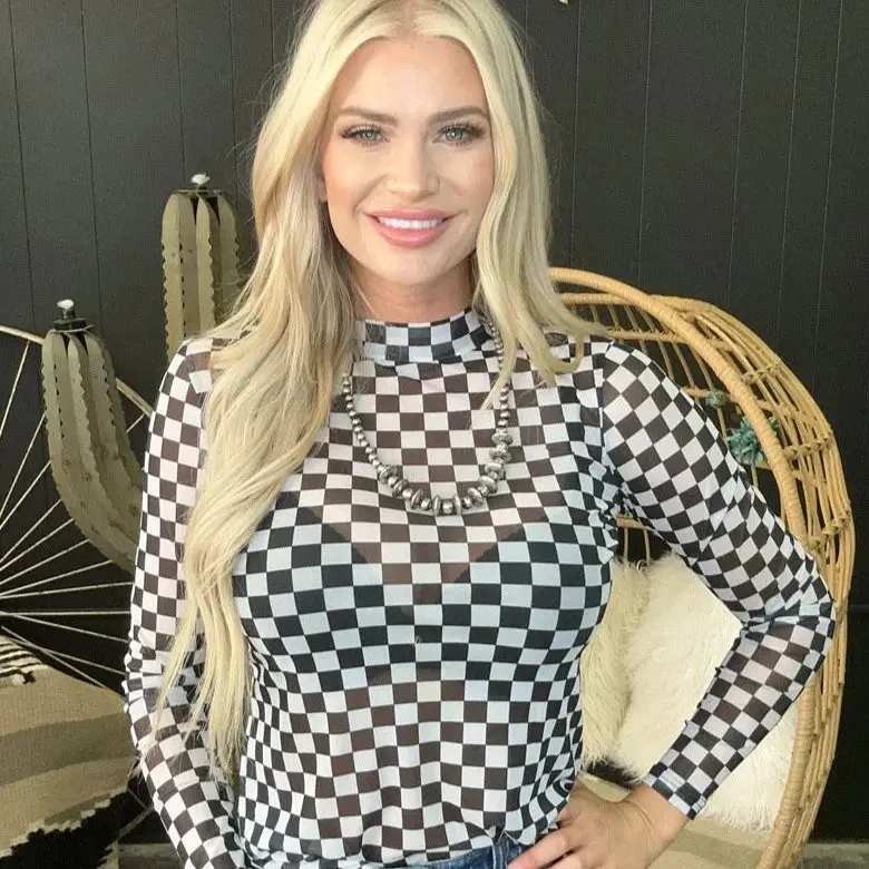 Round The Track Checkered Print Mesh Mock Neck Top 1
